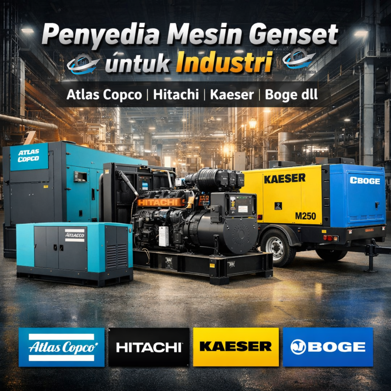 Penyedia Mesin Genset untuk Industri: Atlas Copco, Hitachi, Kaeser, Boge dll